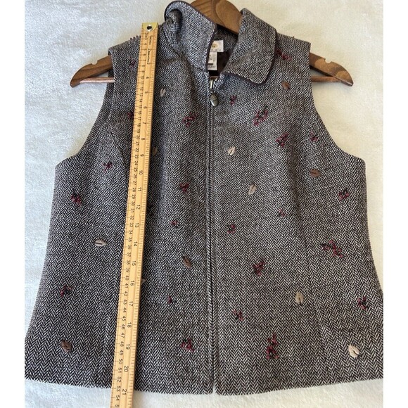 Talbots Vest Petite Small Zip Up Wool Blend Herringbone Leaves Acorn Preppy - Picture 7 of 11